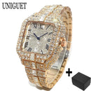 Hot Fashion Brand UNIGUET Hip Hop Rose Gold Iced Diamond Mens Watch Luxury Square Waterproof Quartz Man Clocks Relogio Masculino