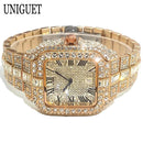 Hot Fashion Brand UNIGUET Hip Hop Rose Gold Iced Diamond Mens Watch Luxury Square Waterproof Quartz Man Clocks Relogio Masculino