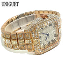 Hot Fashion Brand UNIGUET Hip Hop Rose Gold Iced Diamond Mens Watch Luxury Square Waterproof Quartz Man Clocks Relogio Masculino